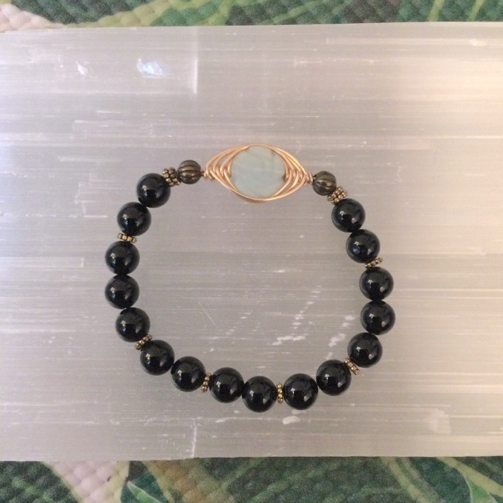 Amazonite Rose Bead with Black Onyx Bracelet